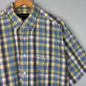 Brooks Brothers Mens Large Blue Yellow Plaid Short Sleeve Button Down Shirt